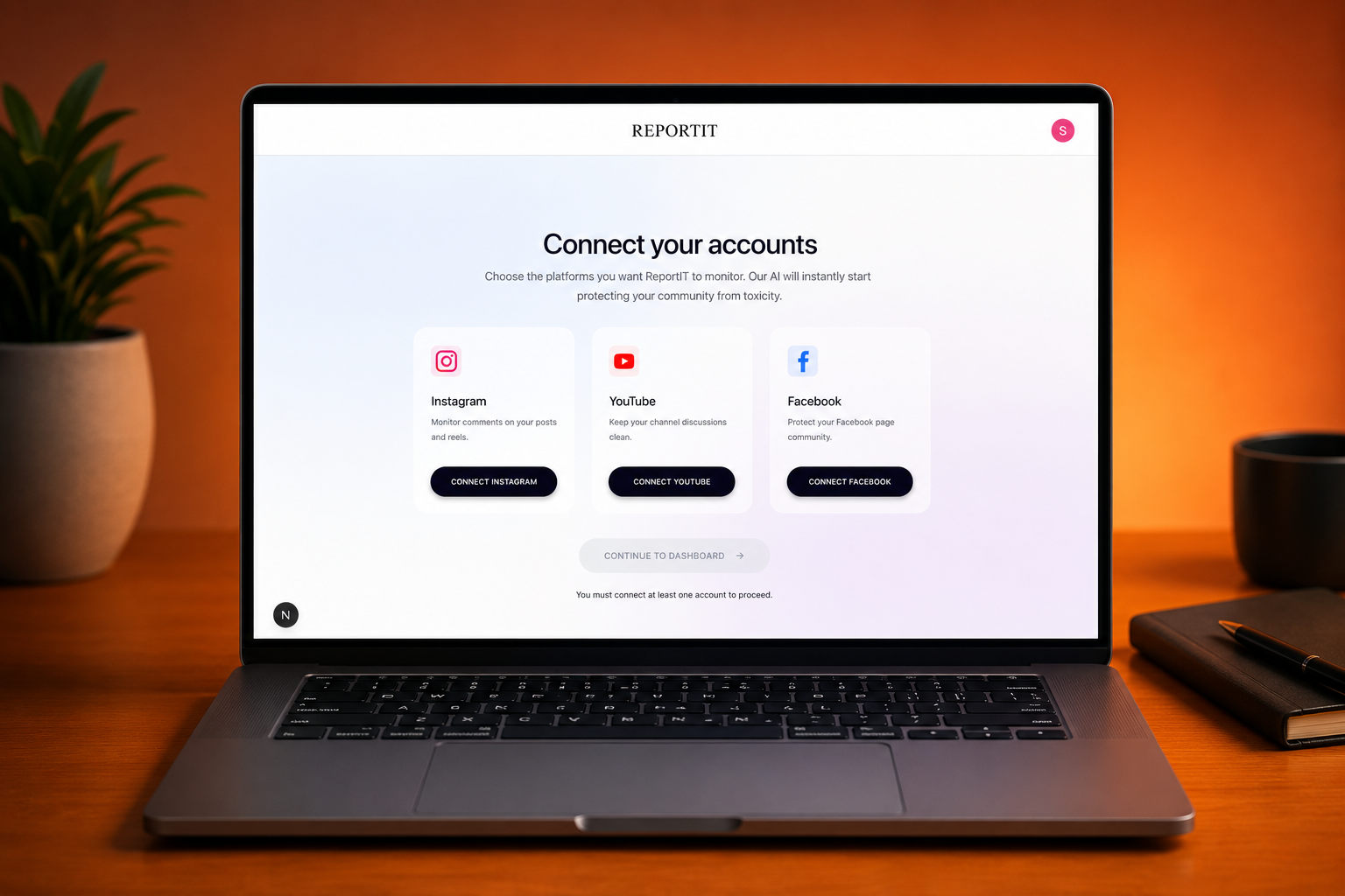 ReportIT dashboard showing connected Instagram account